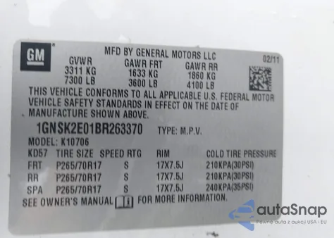 2011 Chevrolet Tahoe Commercial Fleet from USA, damaged, VIN 1GNSK2E01BR263370